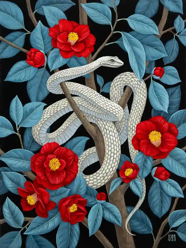 A painting depicts a white snake coiled around tree branches amidst vibrant red camellia flowers and blue-green leaves…