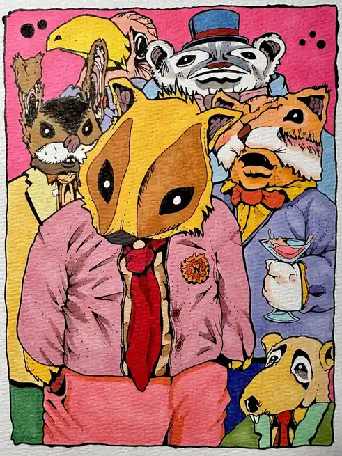 A colorful, hand-drawn illustration depicts a central anthropomorphic fox wearing a pink suit, red tie, and a flower pin…