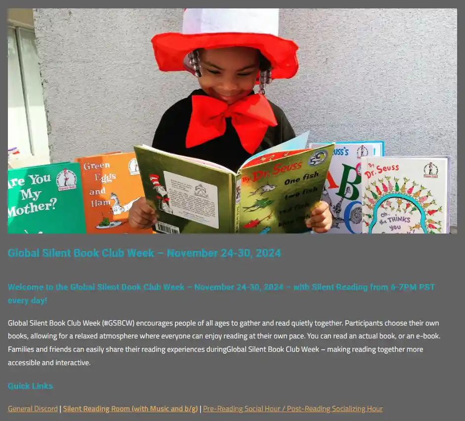 A young child dressed as Dr. Seuss's Cat in the Hat, smiling while holding an open 'One Fish Two Fish' book, surrounded by…