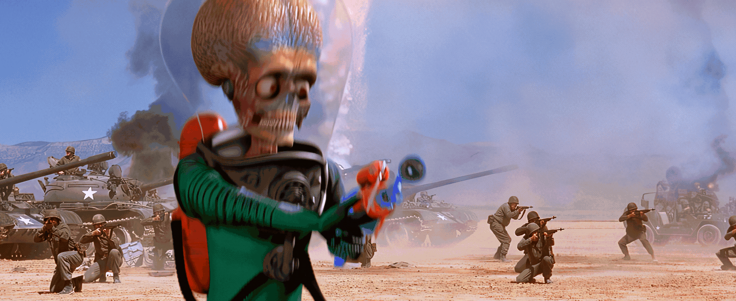 A split-screen meme shows a skeletal alien firing a paintball gun, then a human soldier holding a flag as a red paintball…