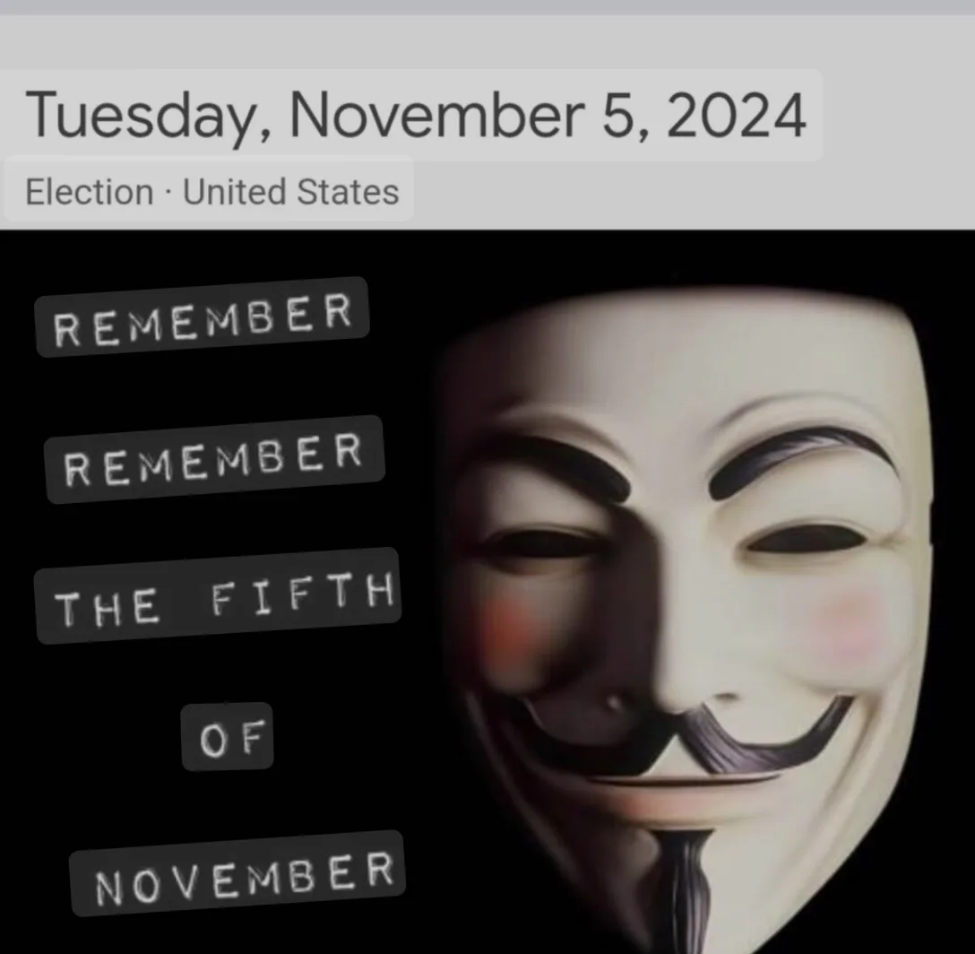 An image of a white Guy Fawkes mask against a black background, with text overlays reading 'REMEMBER', 'REMEMBER', 'THE…