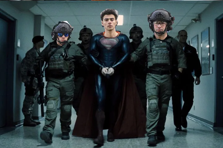 A man in a blue and red Superman costume with a cape is being escorted down a hallway by armed soldiers in tactical gear…