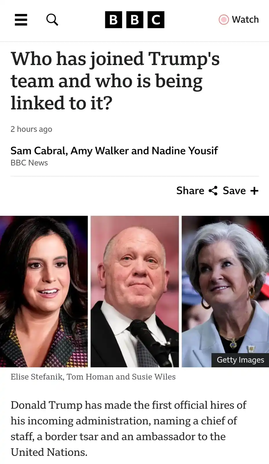 A BBC News article screenshot showing three political figures: Elise Stefanik, Tom Homan, and Susie Wiles. The headline asks…