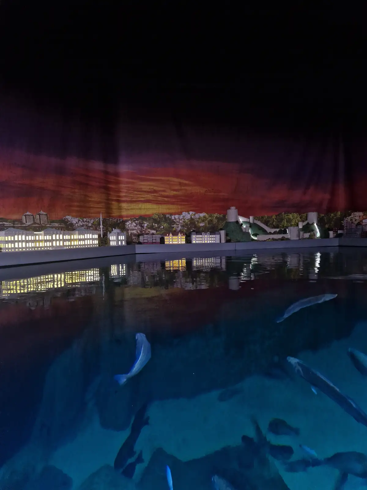 An aquarium tank filled with fish is shown in the foreground, with a miniature model of a cityscape under a painted sunset…