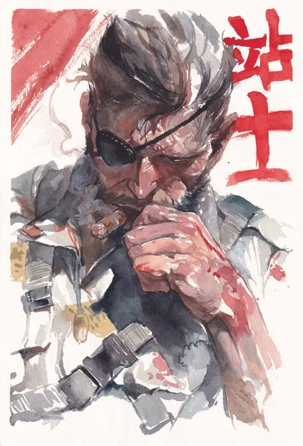 A watercolor illustration of a rugged, bearded man with an eyepatch, smoking a cigar while holding a gun; red Chinese…