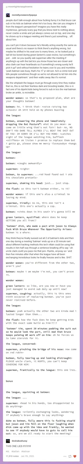 This image is a long-form text-based meme formatted as a Reddit-style post, depicting a fictional scenario where Batman's…