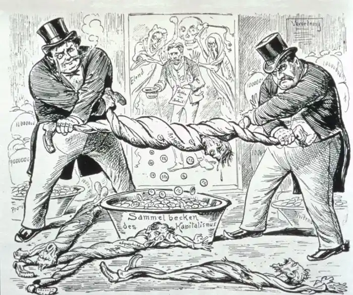 Two men in top hats violently pull apart a human figure stretched like taffy over a large bowl labeled 'Sammelbecken des…