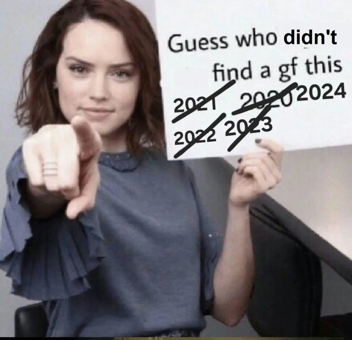 A woman with brown hair and a blue top points directly at the viewer while holding a whiteboard. The board reads 'Guess who…