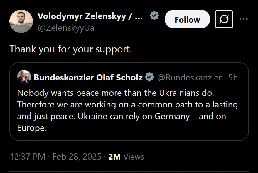 A screenshot of a Twitter/X thread shows Volodymyr Zelenskyy's reply 'Thank you for your support.' directly above a tweet…