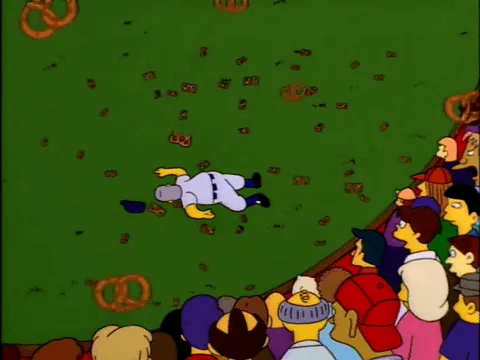 A six-panel comic strip from The Simpsons shows a football player lying on the field, surrounded by scattered pretzels. The…
