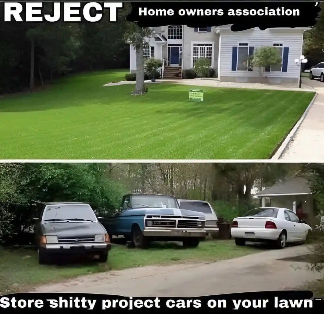The meme shows two contrasting images: the top panel displays a pristine, well-manicured lawn in front of a large, modern…