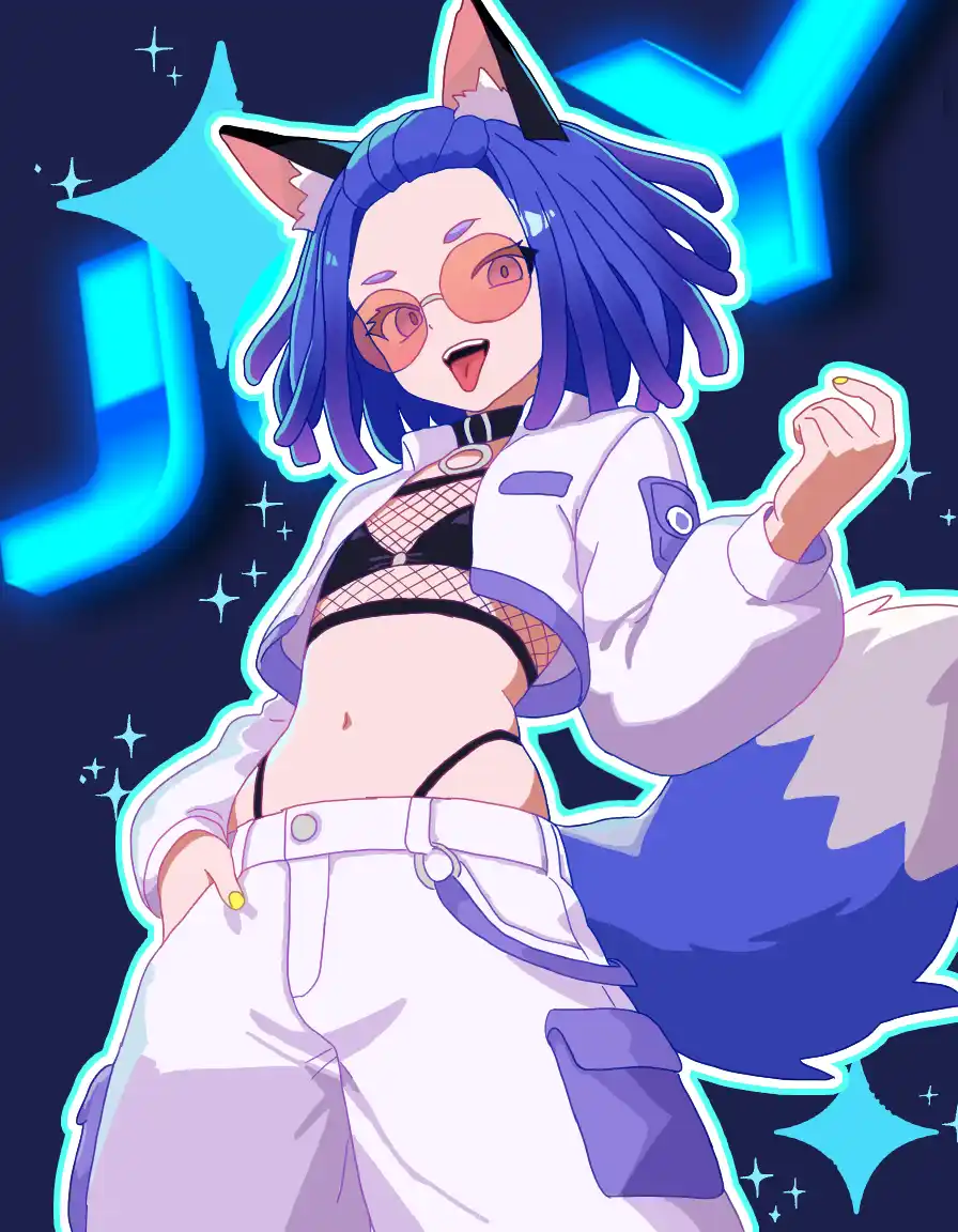 An anime-style illustration of a blue-haired girl with fox ears and a fluffy tail, wearing a white jacket, fishnet top, and…