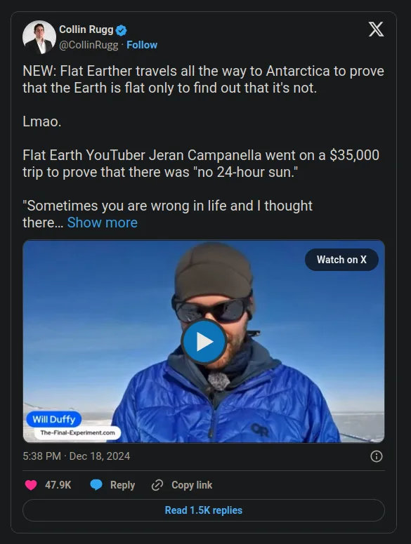 A screenshot of a tweet by Collin Rugg showing a video thumbnail of a man in a blue jacket and beanie against a snowy…