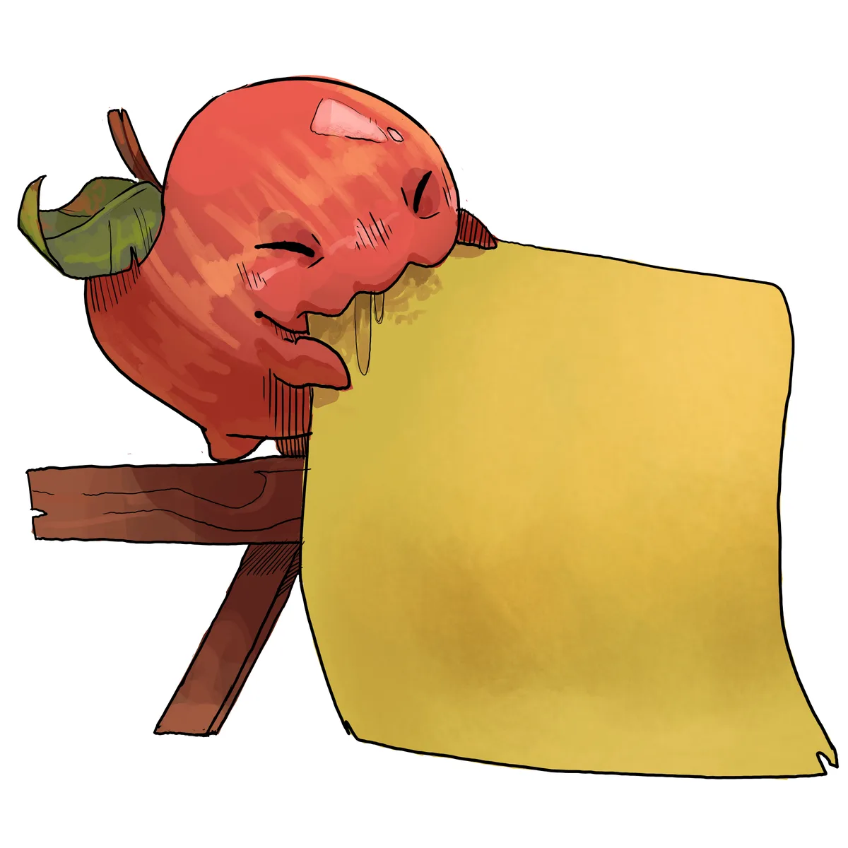 A cartoonish red fruit-like creature with a green leafy hat and small horns is shown leaning over a large yellow scroll or…