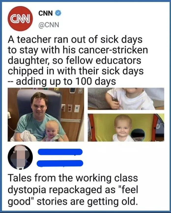 The image shows a CNN tweet about a teacher using colleagues' sick days to care for his sick daughter, accompanied by photos…