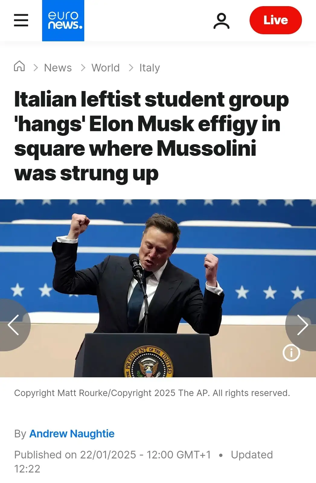 A screenshot of a EuroNews article headline about an Italian student group hanging an effigy of Elon Musk in a square…