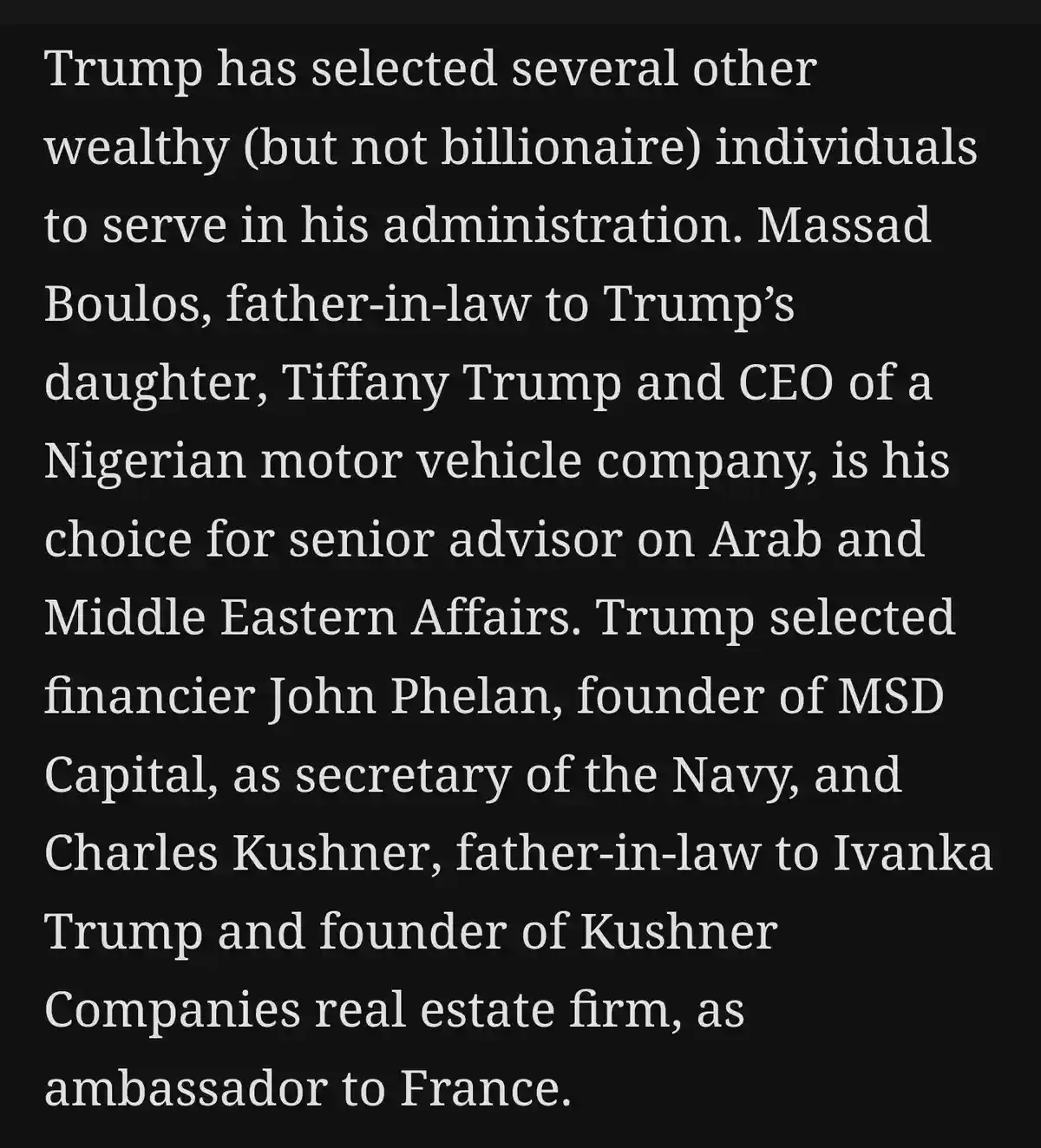 The image displays a black background with white text listing several individuals chosen by Donald Trump for his…