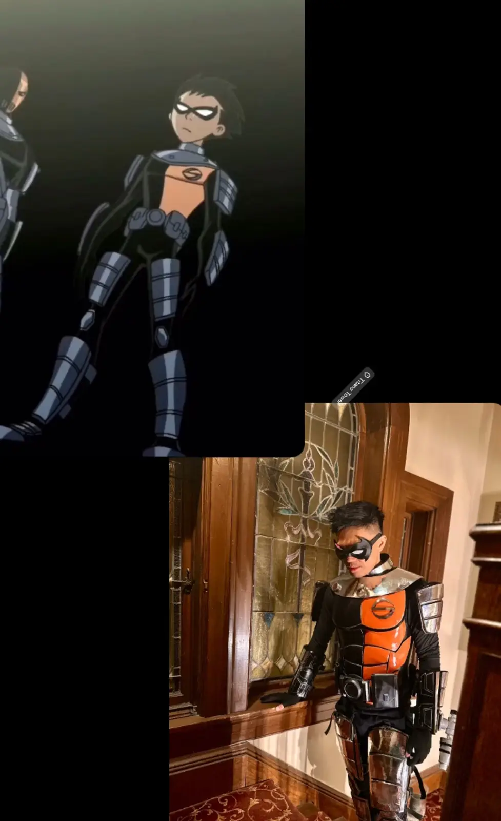 The image is a side-by-side comparison: the top panel shows an animated character from 'Titans' standing in a dark room…