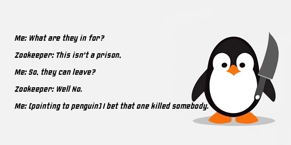 A cartoon penguin holding a large knife stands on the right side of a light gray background. On the left, a dialogue is…