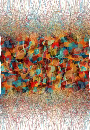 The image shows a chaotic, abstract composition of tangled red, blue, and orange lines forming a dense, colorful mass in the…