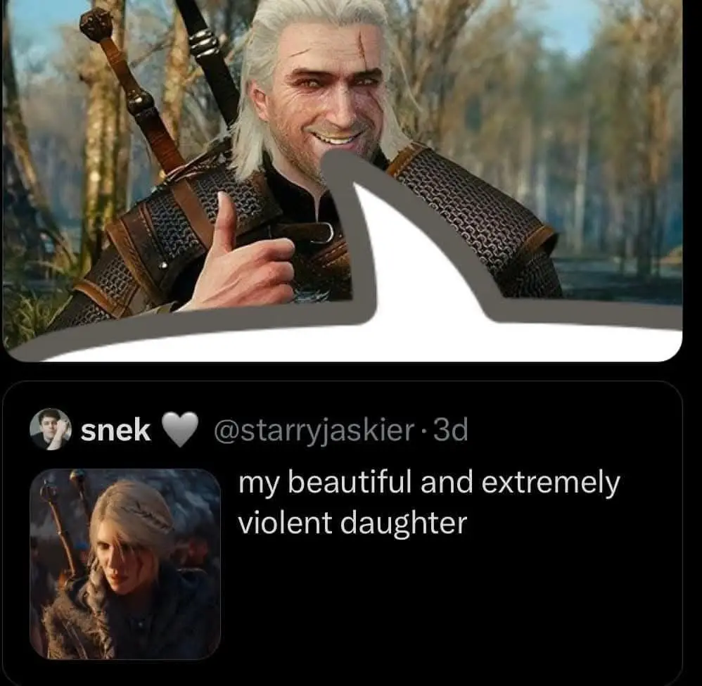 The image shows a screenshot of a Twitter post by user 'snek' featuring a photo of Ciri from The Witcher, with the caption…