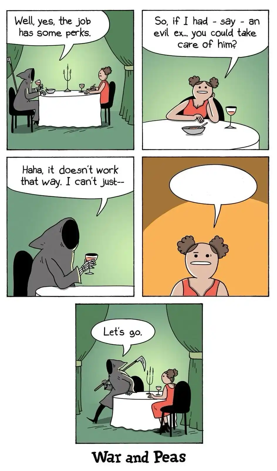 A four-panel comic strip shows a woman in a red dress and a hooded figure, presumably the Grim Reaper, dining at a table…