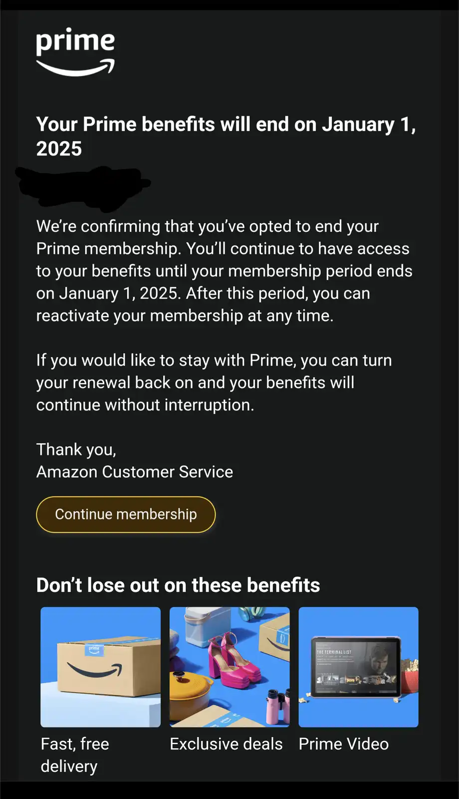 An Amazon Prime membership cancellation confirmation screen shows the end date as January 1, 2025, with a 'Continue…