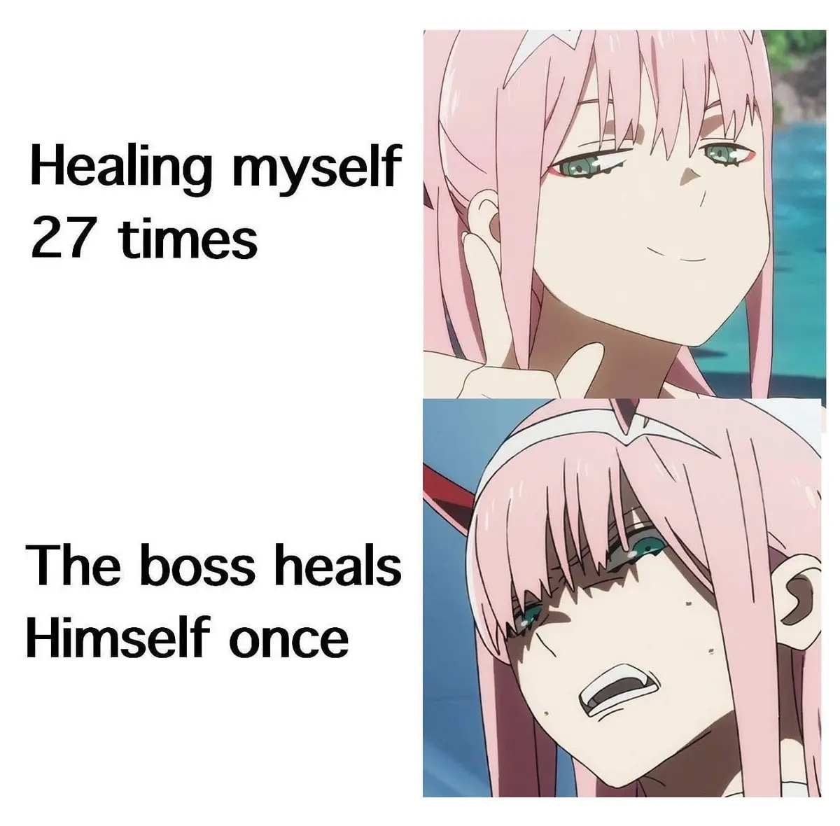 The image shows two panels of the anime character Zero Two. In the top panel, she has a smug, self-satisfied expression…