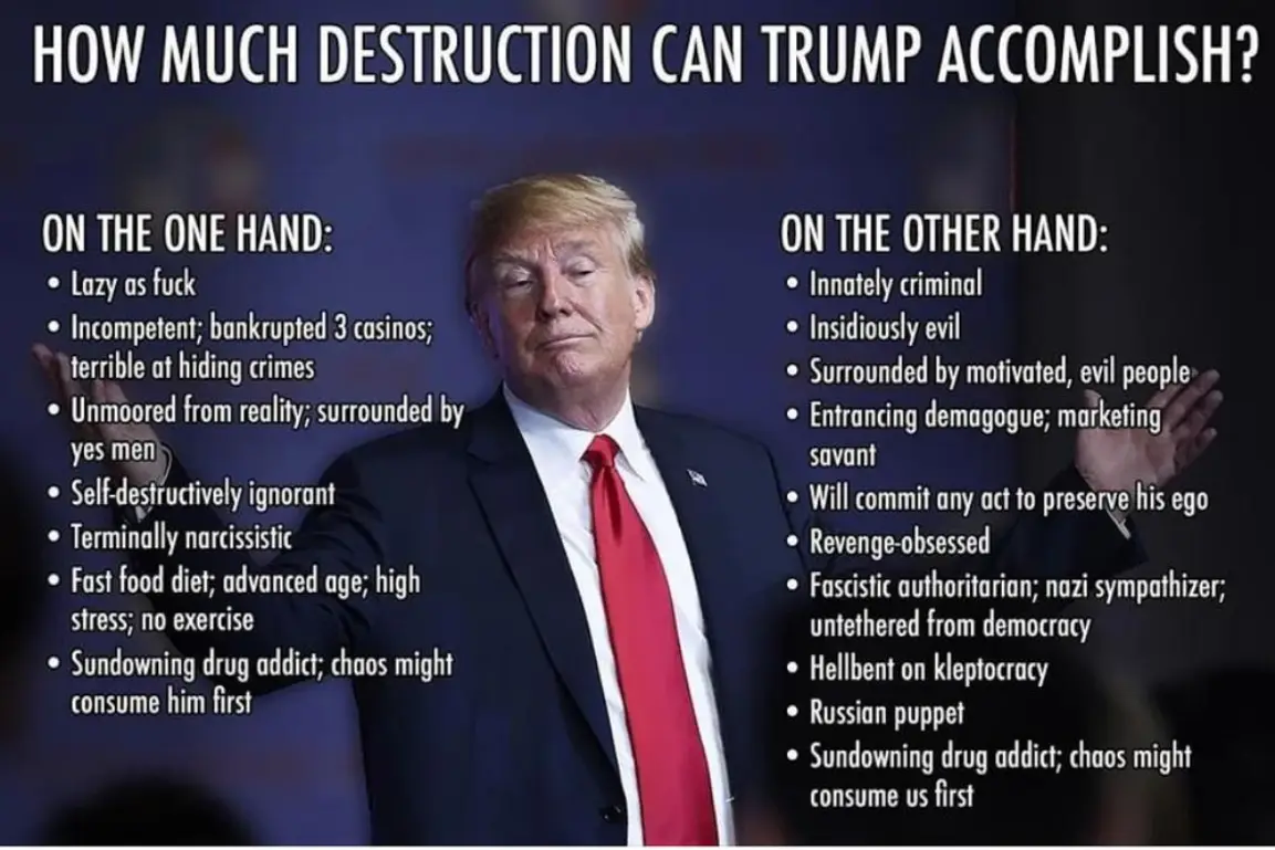 The image features Donald Trump with his arms outstretched, overlaid with text posing the question 'HOW MUCH DESTRUCTION CAN…