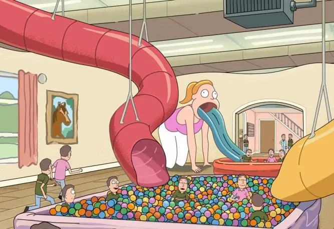 A cartoon woman with blonde hair in a pink top is standing at the top of a large red slide, her mouth wide open as a blue…