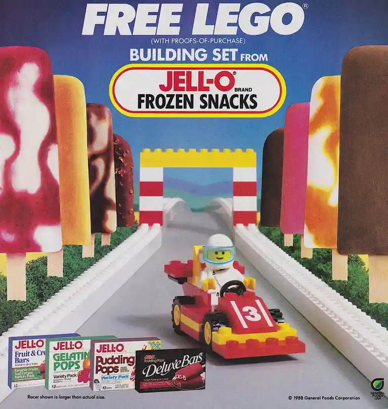 An advertisement from 1988 shows a LEGO minifigure in a red and yellow LEGO race car speeding down a track made of LEGO…