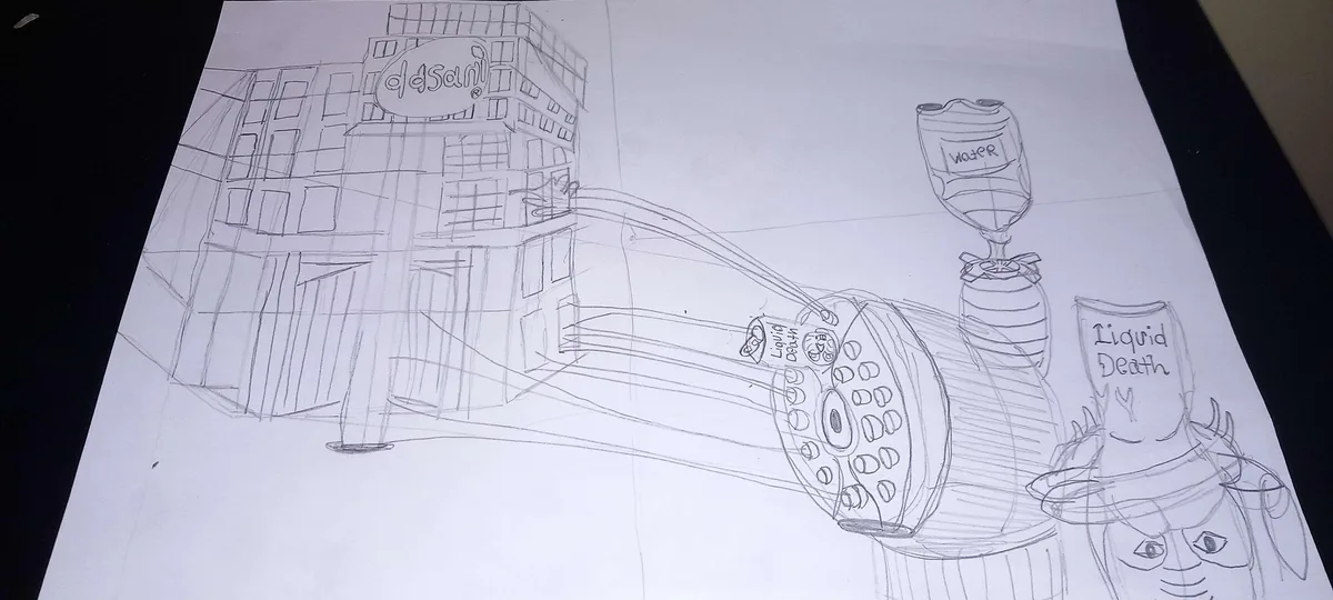 A hand-drawn sketch shows a Dasani-branded building with a giant, cartoonish Liquid Death can emerging from it, connected by…