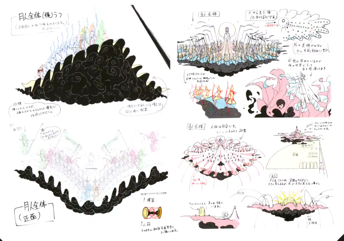 A collection of Japanese anime concept art sketches showing various designs for a group of characters called '月人全体'…