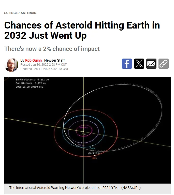 A screenshot of a news article titled 'Chances of Asteroid Hitting Earth in 2032 Just Went Up' with a subheading 'There's…