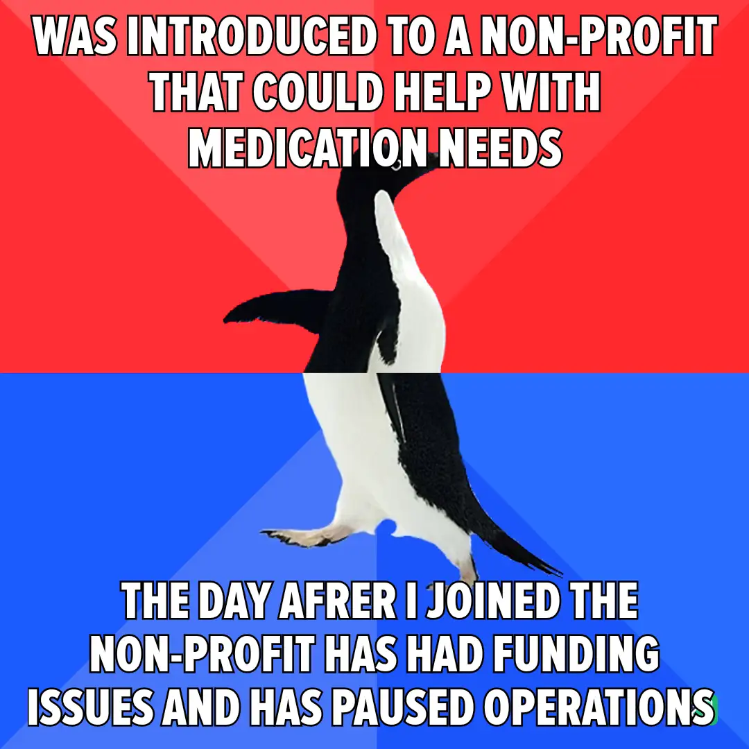 A penguin stands upright against a red and blue background, with white bold text overlaid in two sections. The top text…