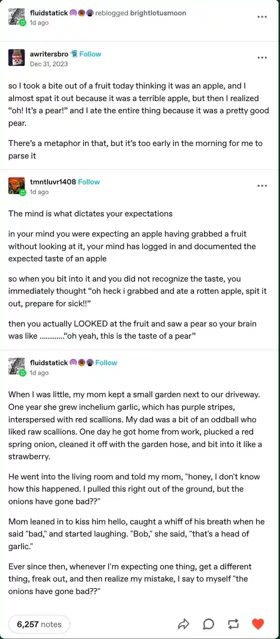 The image displays a screenshot of a social media post with a text-based story about mistaking a pear for an apple and then…