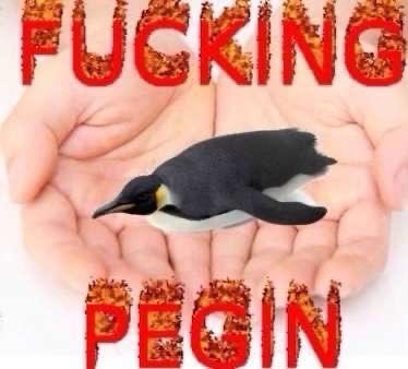 A pair of human hands cupped together, holding a small penguin. The word 'FUCKING' is written in large, fiery red letters…