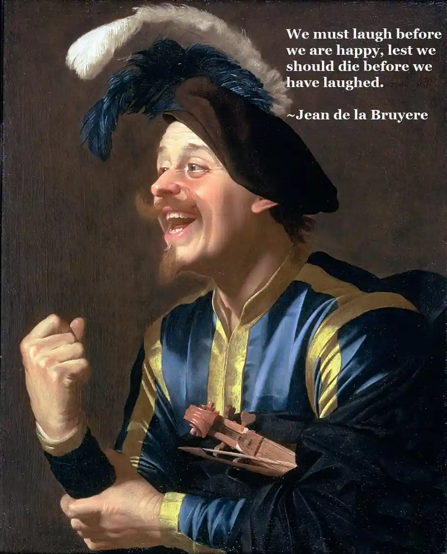 A classical painting depicts a man in 17th-century attire, wearing a feathered hat and a blue and gold outfit, laughing…