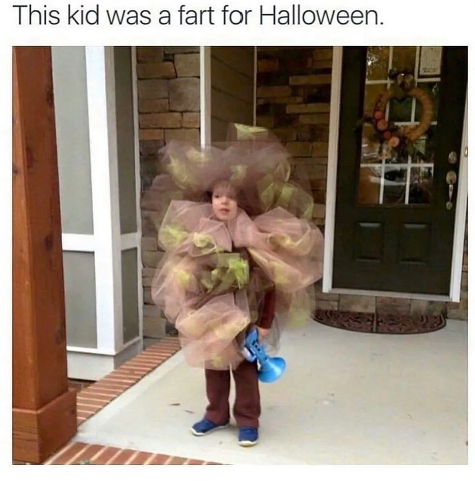 A young child stands on a front porch wearing an elaborate, multi-layered costume made of sheer, ruffled fabric in brown and…