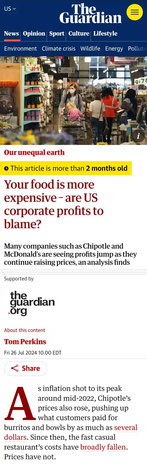 A screenshot of a The Guardian article titled 'Your food is more expensive - are US corporate profits to blame?' featuring a…