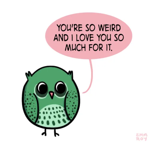 A cartoon green owl with large eyes and a speckled belly stands against a white background, speaking in a pink speech bubble…