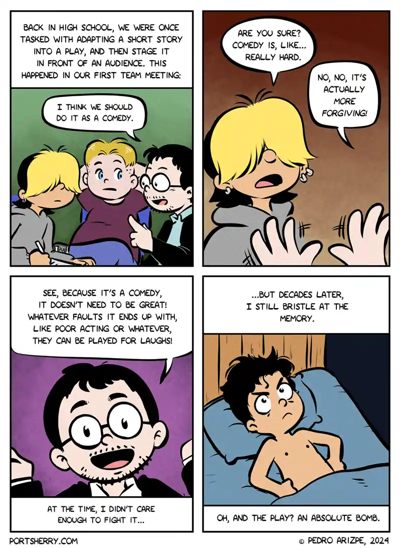 A four-panel comic strip depicts a high school theater group's decision-making process. In the first panel, three students…