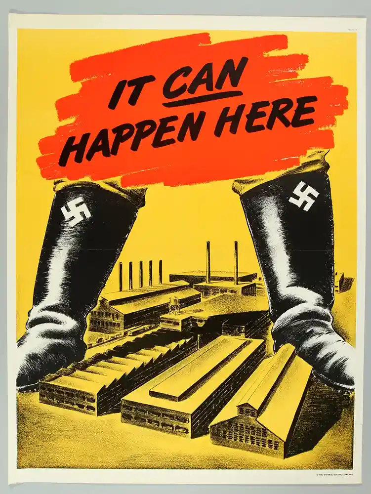 A vintage propaganda poster shows giant boots with swastikas crushing industrial buildings, overlaid with the bold text 'IT…