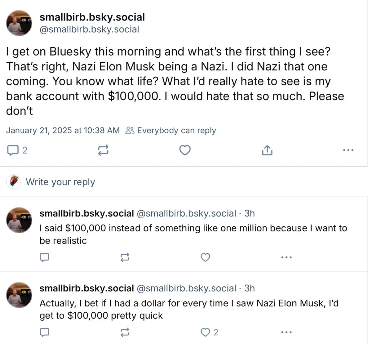 A screenshot of a Bluesky social media post by user @smallbirb.bsky.social, showing a humorous self-deprecating rant about…