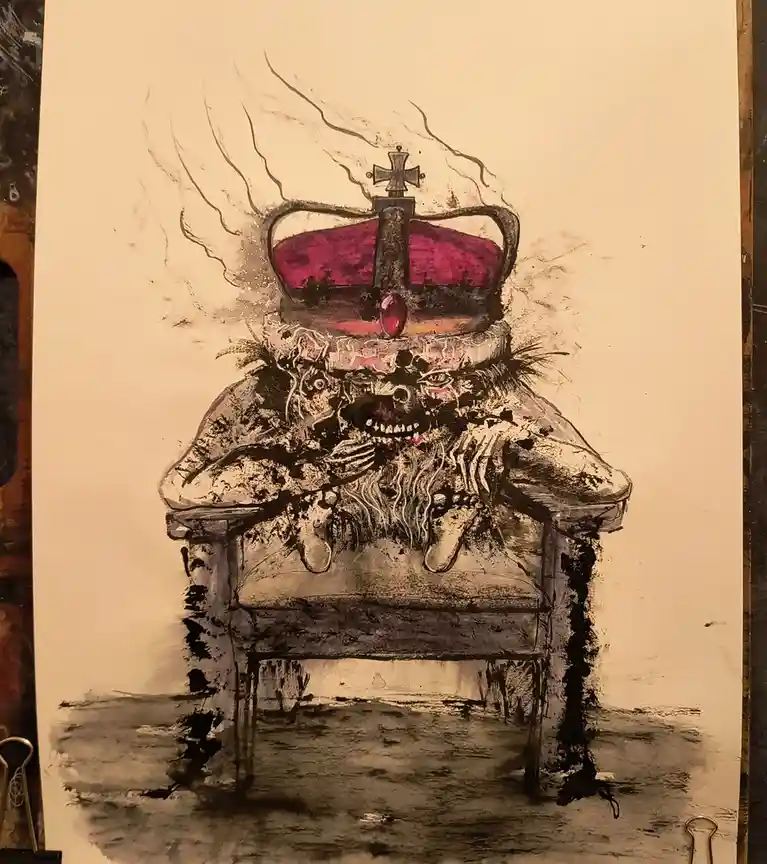 A dark, stylized drawing shows a grotesque, skeletal figure with a long beard and multiple eyes, seated on a throne. The…