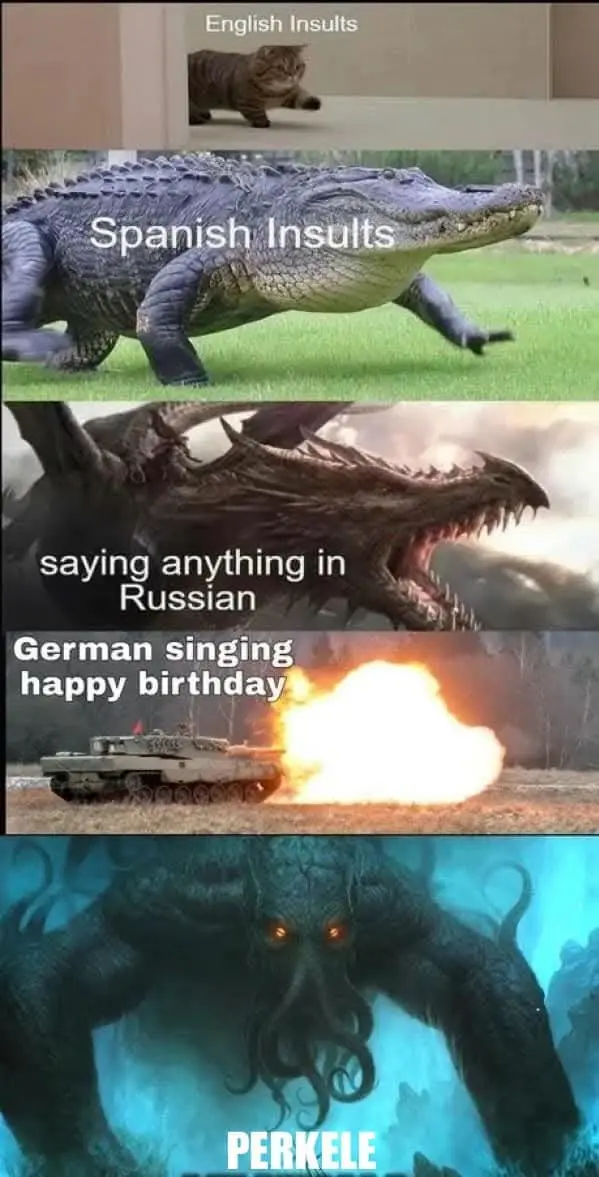 A five-panel meme showing escalating levels of offense: a cat labeled 'English Insults', an alligator labeled 'Spanish…