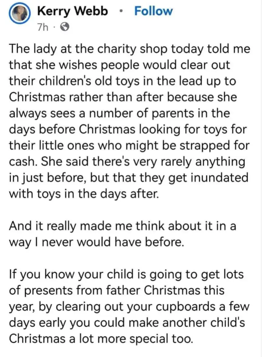 A screenshot of a social media post by Kerry Webb, which reads: 'The lady at the charity shop today told me that she wishes…