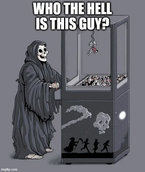 A grim reaper stands beside a claw machine filled with small figures, looking up at a person hanging from the top. The…