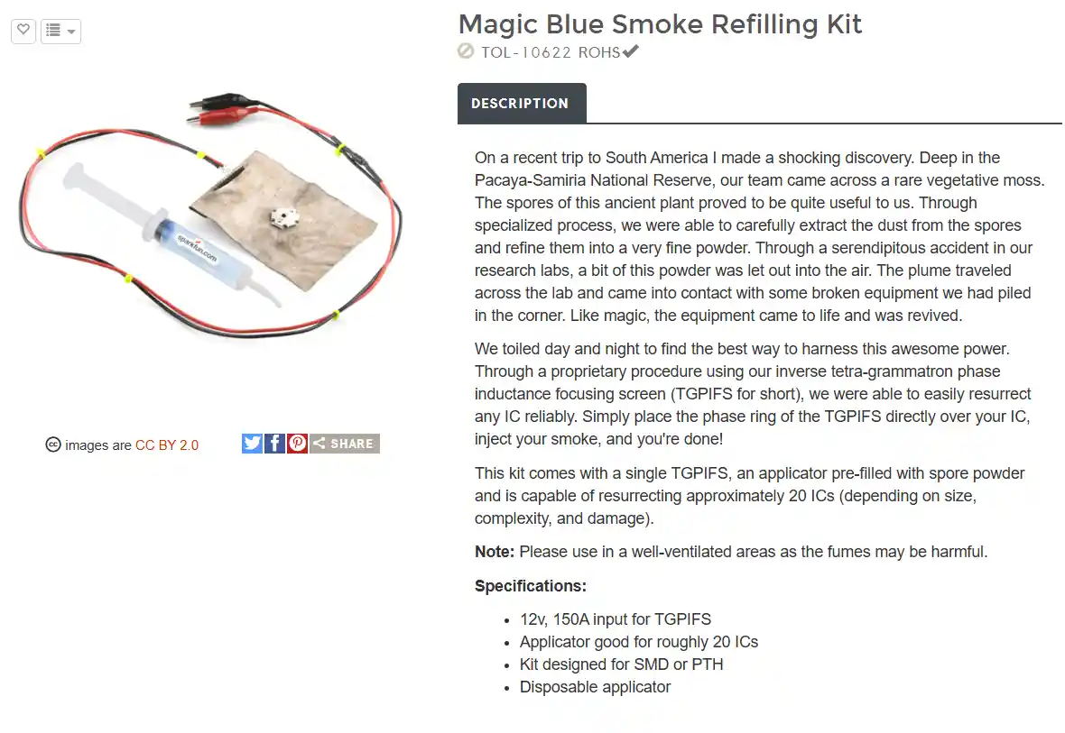 An image of a syringe and wires next to a small circuit board, presented as a 'Magic Blue Smoke Refilling Kit' with a fake…