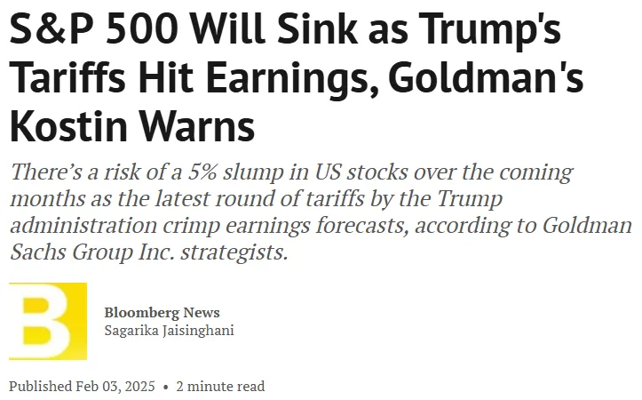 A screenshot of a Bloomberg News article headline predicting a 5% stock market slump due to Trump tariffs, with the byline…